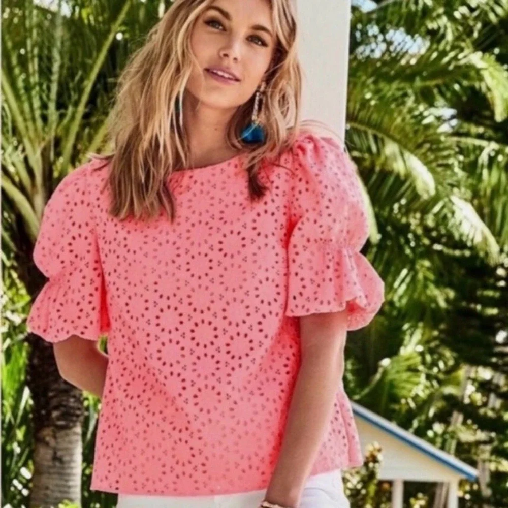 Lilly Pulitzer Size S Neon Coral Shaila Sunburst Eyelet Puff Sleeve Top Summer‎